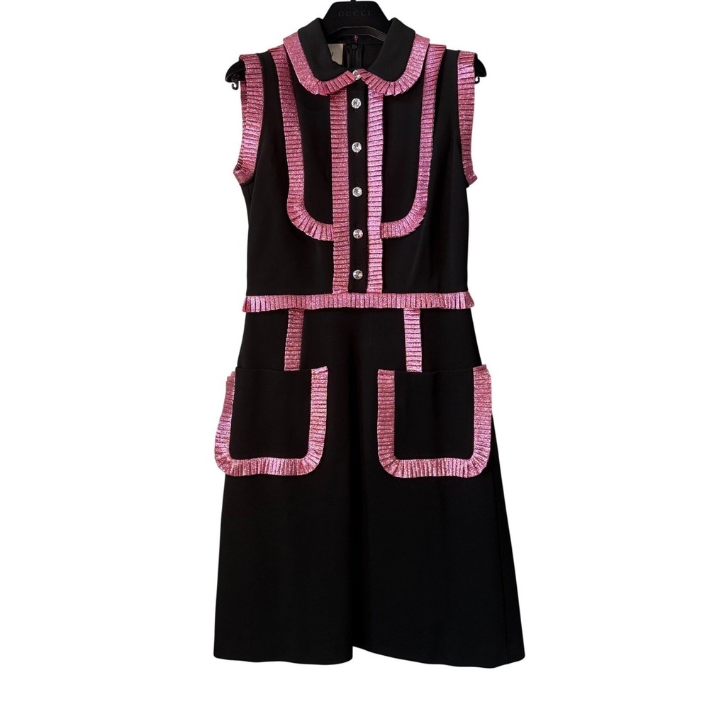 Gucci Metallic Pink Trim Sleeveless Dress | Crystal Buttons | Size S | NWT - Picture 10 of 11